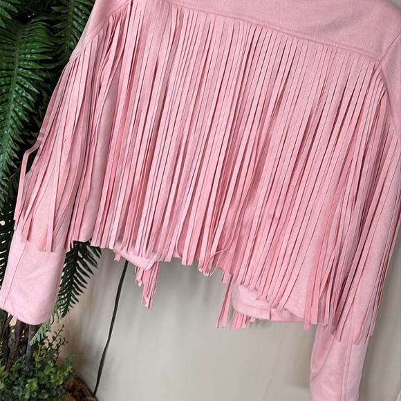 NWOT Pink Fringe Jacket Faux Suede Cropped Western Moto Tassel Cowgirl Pastel - Picture 10 of 14